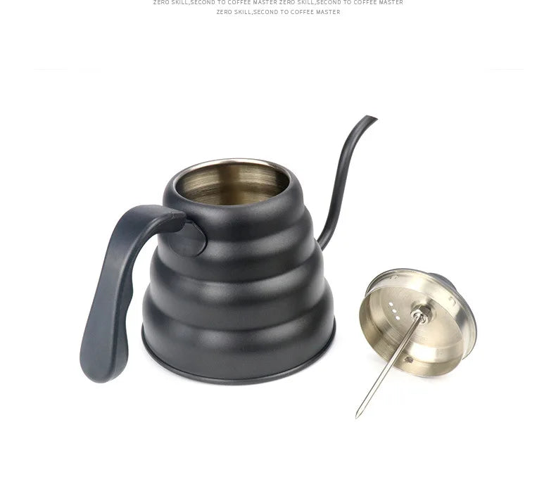 Black Goose Beak Kettle 1.0L Stainless Steel Coffee Pot with Gooseneck Thin Mouth Thermometer for Espresso Coffee Making