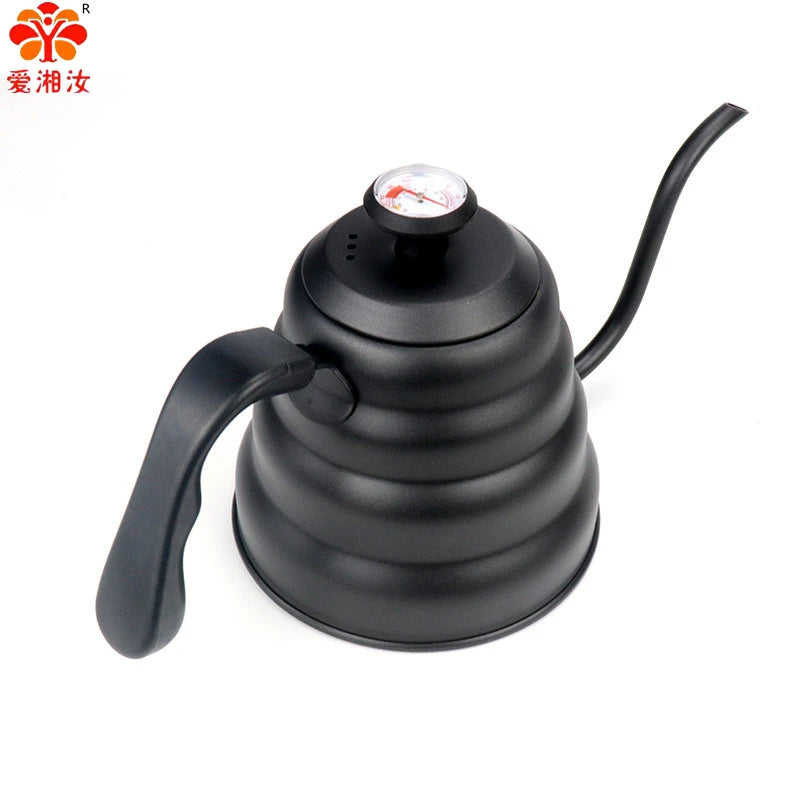 Black Goose Beak Kettle 1.0L Stainless Steel Coffee Pot with Gooseneck Thin Mouth Thermometer for Espresso Coffee Making