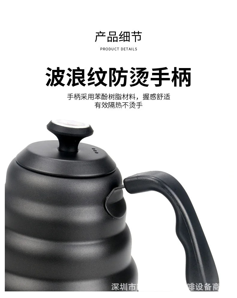 Black Goose Beak Kettle 1.0L Stainless Steel Coffee Pot with Gooseneck Thin Mouth Thermometer for Espresso Coffee Making