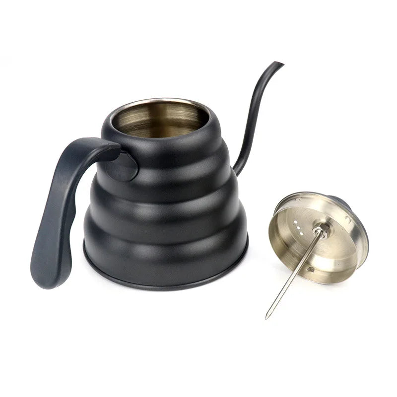 Black Goose Beak Kettle 1.0L Stainless Steel Coffee Pot with Gooseneck Thin Mouth Thermometer for Espresso Coffee Making
