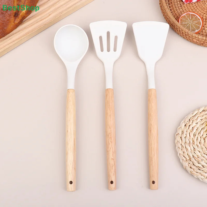 ♥Silicone Kitchen Utensil Set with Wooden Handles - Heat Resistant Spatula and Ladle for Nonstick Cookware