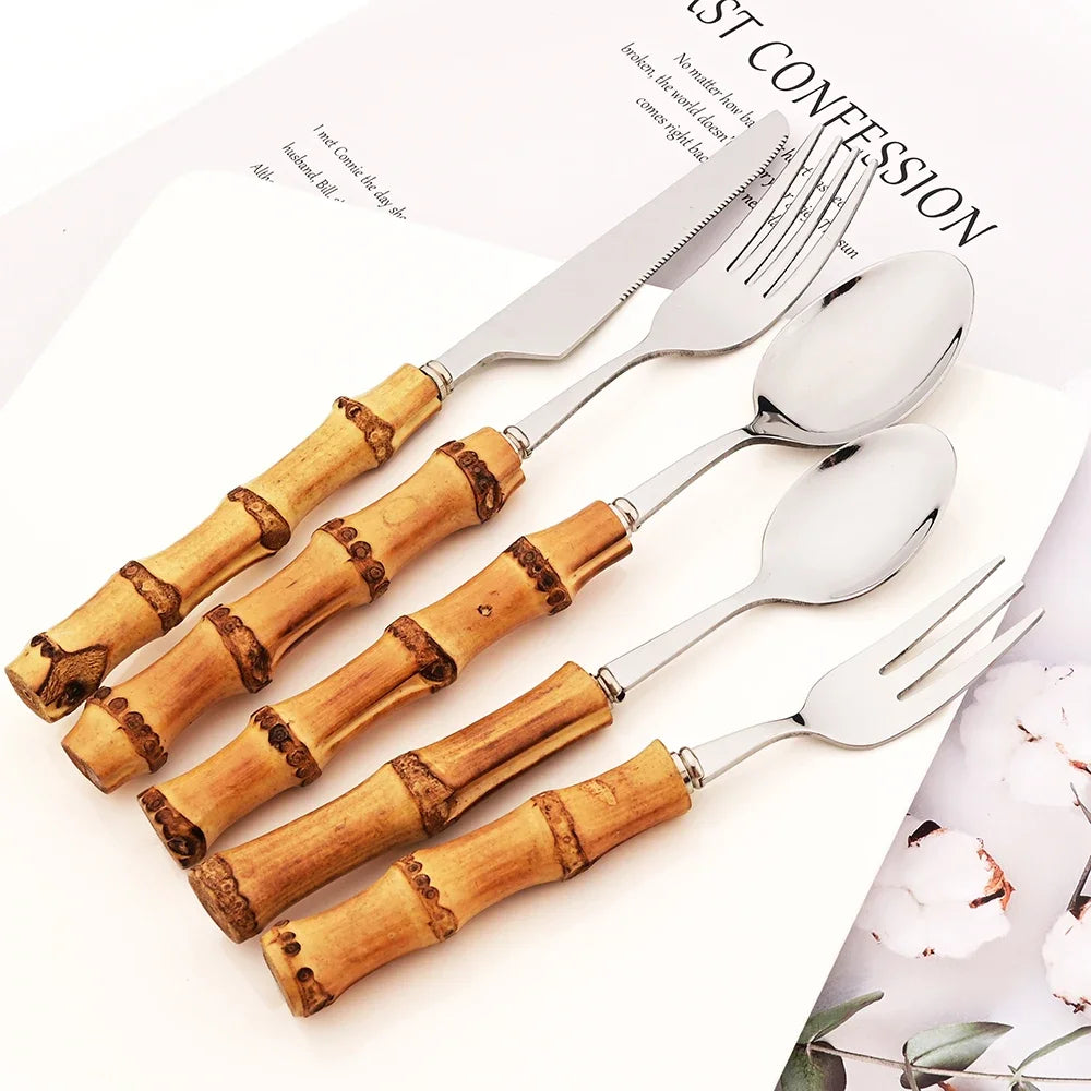 304 Stainless Steel Dinnerware Bamboo Silver 4/6/10Pcs Tea Fork Cutlery Set Western Fruit Cake Fork Tableware Home Flatware Set