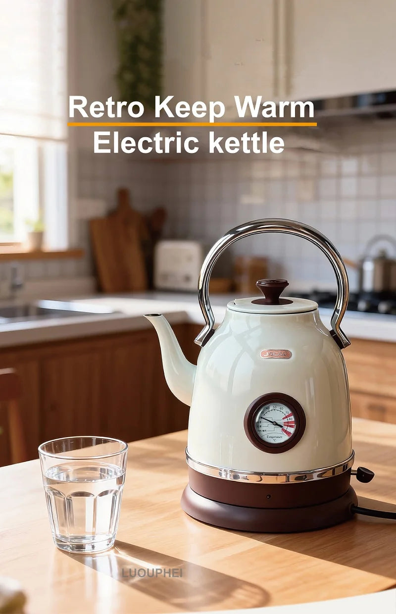 1800W Retro Electric Kettle Household 2L Keep Warm Kettle With Thermometer 304 Stainless Steel Teapot Automatic Power Off