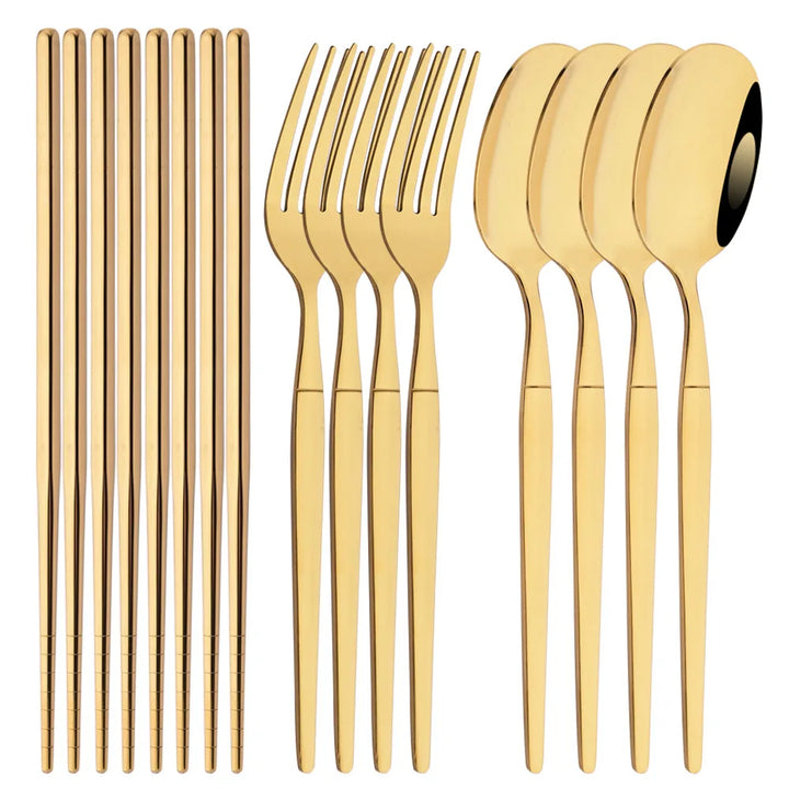 Golden Korean Tableware Set 12Pcs Luxury Mirror Flatware Cutlery Set Stainless Steel Dinnerware Fork Spoon Chopsticks Set