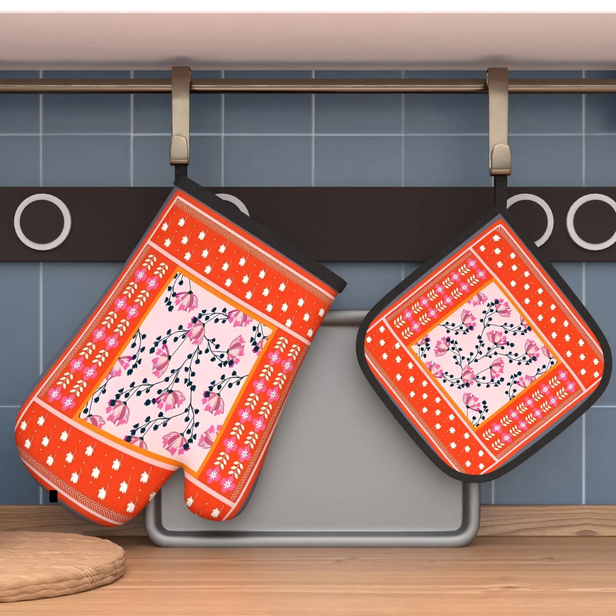 Spring Floral & Leaf Design Oven Mitts and Pot Holders 2pcs Set Heat Resistant for BBQ Cooking Baking