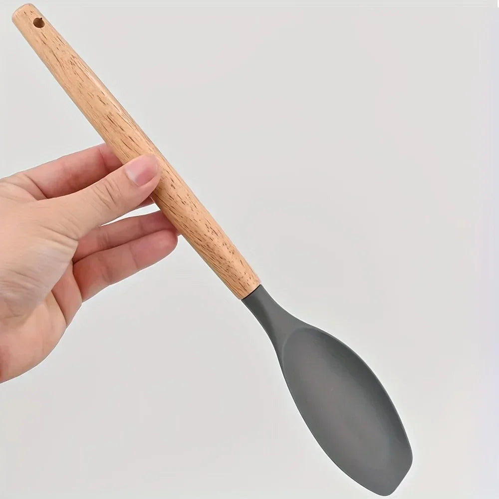 2pcs Silicone Spatula Spoons with Wooden Handle -Non-Stick Kitchen Utensils for Cooking, Rice, and More | Ergonomic | Durable