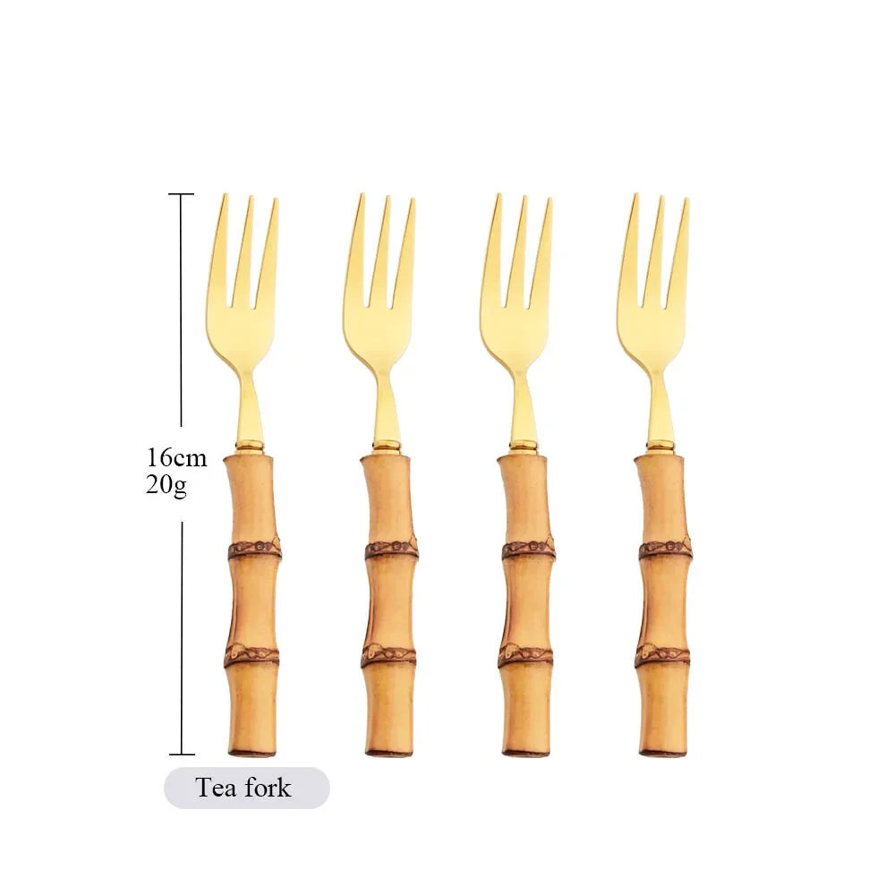 304 Stainless Steel Dinnerware Bamboo Silver 4/6/10Pcs Tea Fork Cutlery Set Western Fruit Cake Fork Tableware Home Flatware Set