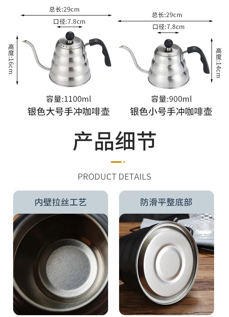 Black Goose Beak Kettle 1.0L Stainless Steel Coffee Pot with Gooseneck Thin Mouth Thermometer for Espresso Coffee Making