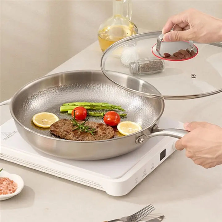 SHGO-Professional 3-Layer Stainless Steel Hammered Frying Pan Ergonomic Handles For All Stoves Cooking Utensil