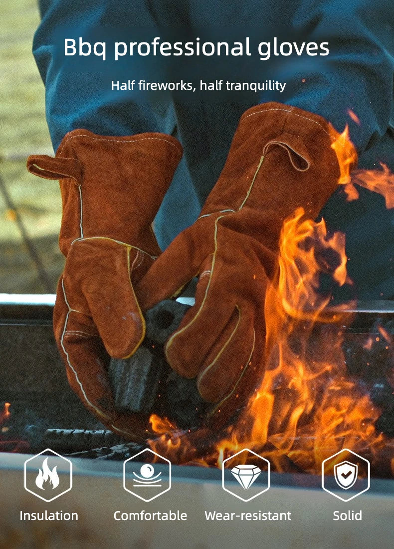 14 Inch Welding Gloves For Welder Work Gloves Thick Cow Split Leather Heat Resistant Oven BBQ Gloves For Grill Heat Insulation.