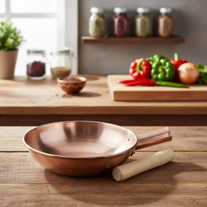 Copper Frying Pan Thick Copper Kitchen Wok Frying Sauté Pan Even Heating for Home Cooks and Chefs