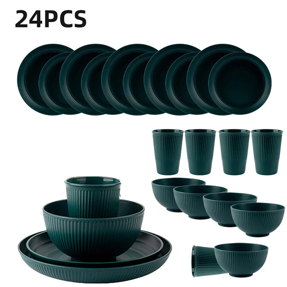 24Pcs Wheat Straw Dinnerware Set for 4: Plates, Bowls, Cups. Unbreakable Plastic for Kitchen & Outdoor Camping
