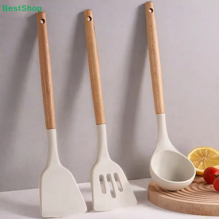 ♥Silicone Kitchen Utensil Set with Wooden Handles - Heat Resistant Spatula and Ladle for Nonstick Cookware