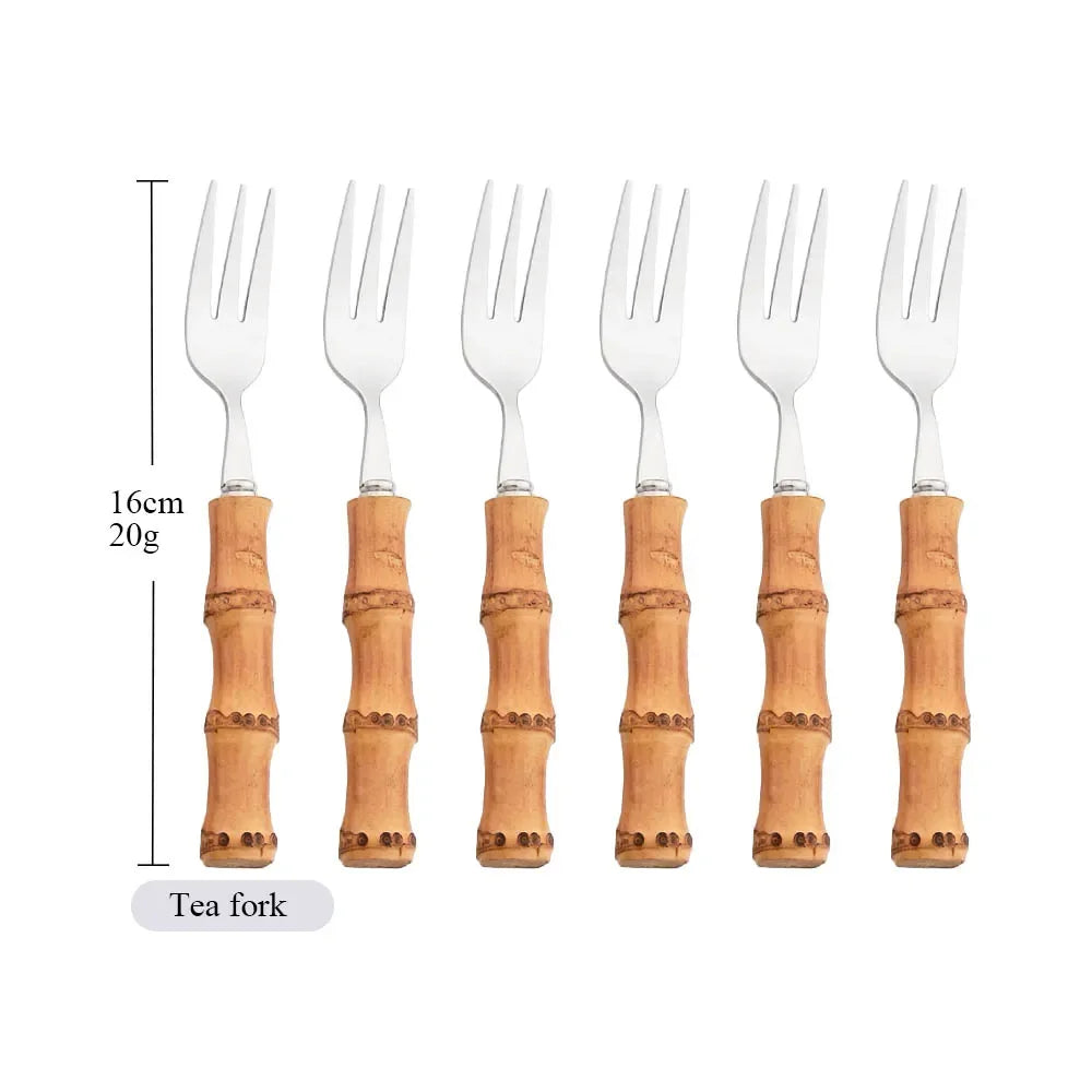 304 Stainless Steel Dinnerware Bamboo Silver 4/6/10Pcs Tea Fork Cutlery Set Western Fruit Cake Fork Tableware Home Flatware Set