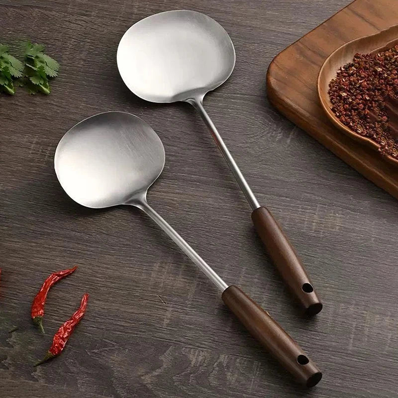 Stainless Steel Wok Spatula Chef-specific Cooking Spoon Wooden Long Handle Mushroom Shovel Kitchen Cooking Utensils