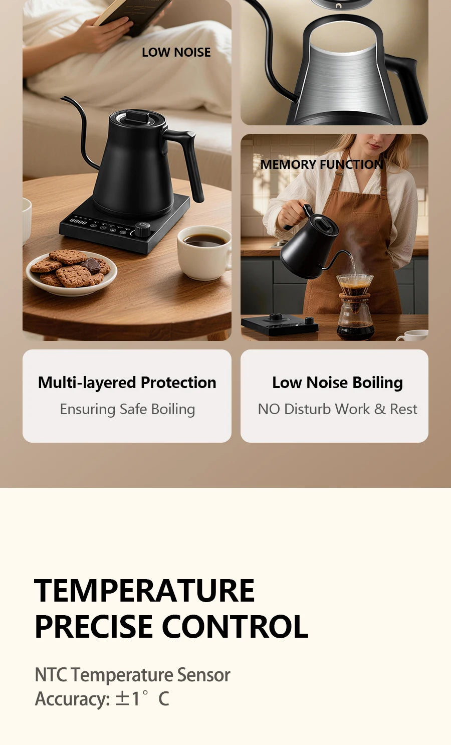700ML Electric Gooseneck Kettle 1000W Temperature Control Rapid Heating Smart Teapot Hand Drip Brew Coffee Tea Water Pot 220V