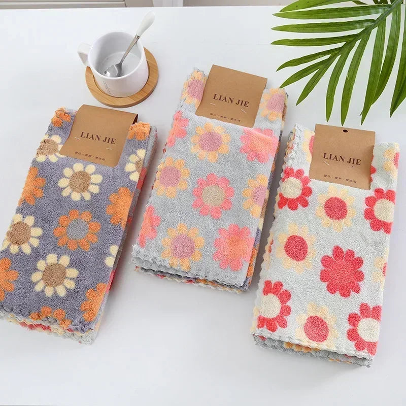 1-10Pcs 30X30CM Kitchen Cleaning Cloths Soft Absorbent Dishcloth Coral Sunflower Wiping Towel Rags Household Cleaning Cloth