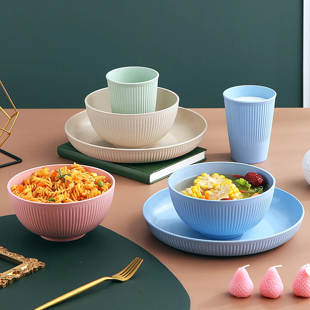 24Pcs Wheat Straw Dinnerware Set for 4: Plates, Bowls, Cups. Unbreakable Plastic for Kitchen & Outdoor Camping