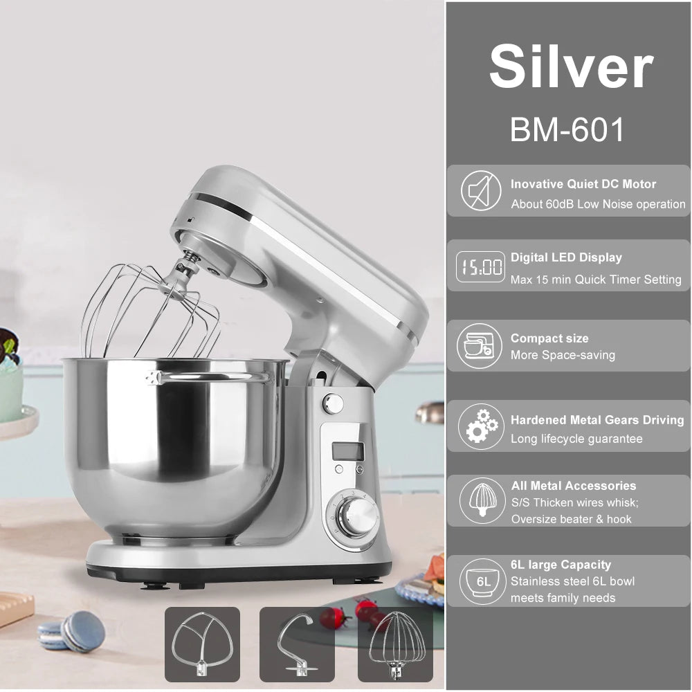 BioloMix 1200W Kitchen Stand Mixer with 6L Capacity Quiet DC Motor 6-Speed Functions for Blending Whisking And Kneading