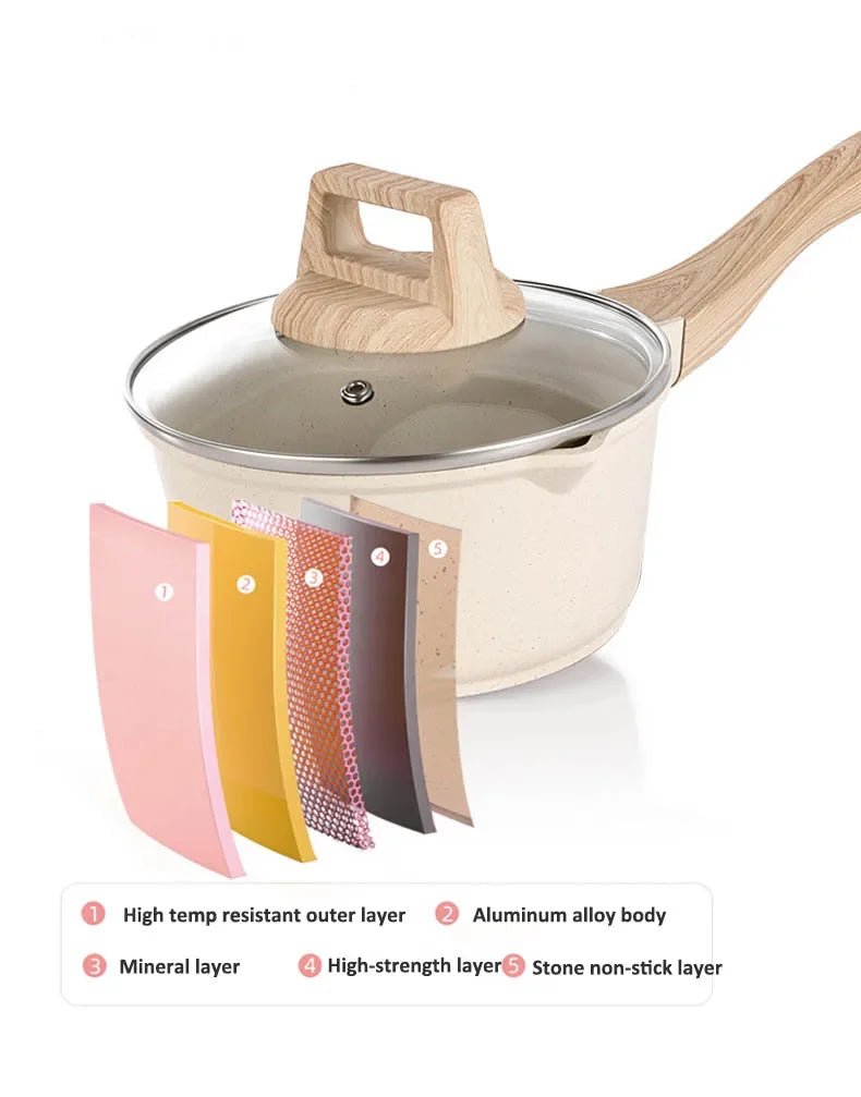 Non-Stick Frying Pan Set Maifan Stone Kitchen Soup Pot Milk Pan with Wooden Handle Pot Cookware Set Cooking Utensils for Kitchen