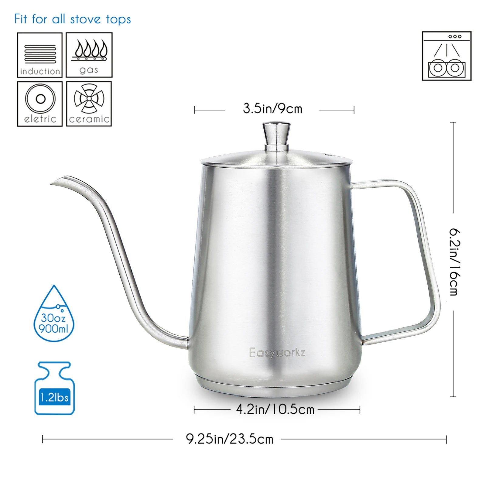 Easyworkz Gooseneck Pour Over Coffee Kettle 30 FL OZ / 900 ML Stainless Steel Hand Drip Coffee Pot with Long Narrow Spout