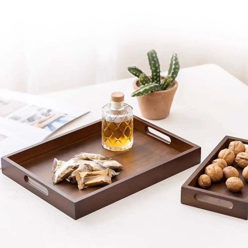 Decorate Tray Rectangular Bamboo Wooden Tray Walnut Color With Handle Serving Tray Display Plate Kitchen