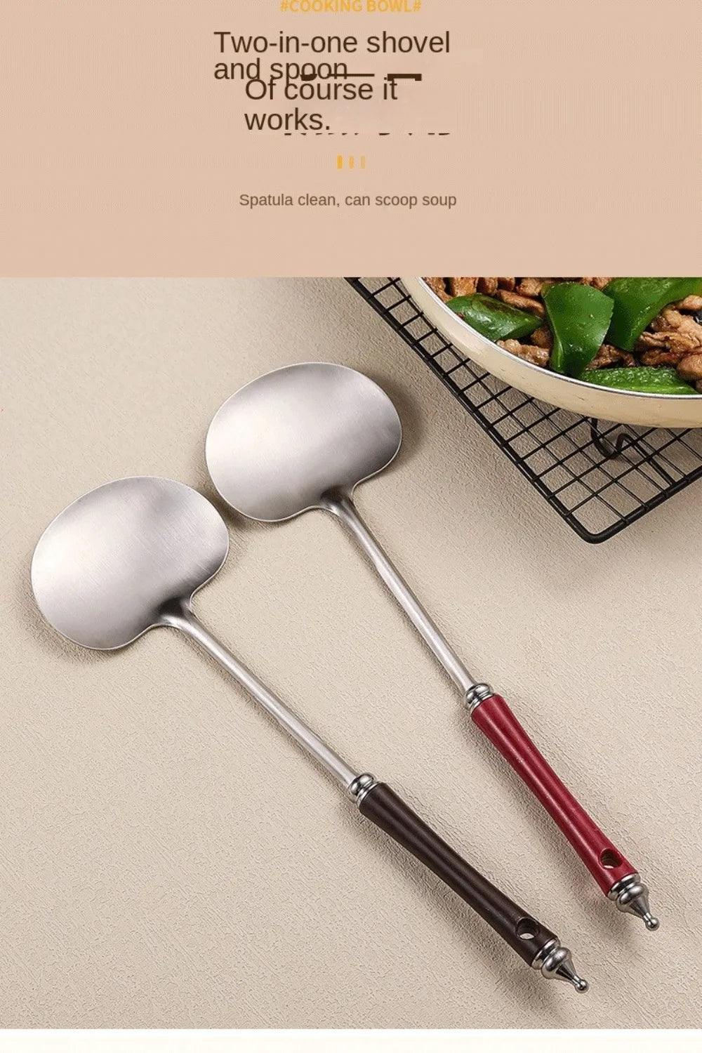 Stainless Steel Wok Spatula Long Wooden Handle Kitchen Utensils Chef-specific Mushroom Shovel Kitchen Accessories Essentials