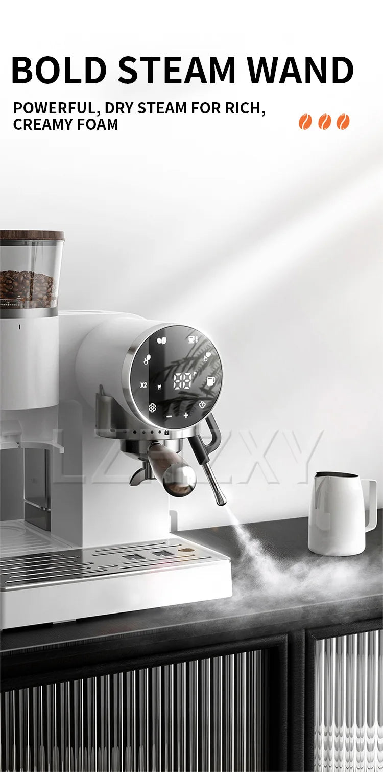 2-in-1 Coffee Machine, 220V Espresso Machine, Adjustable Grind Settings, with Grinder and Milk Frother, Espresso Machine