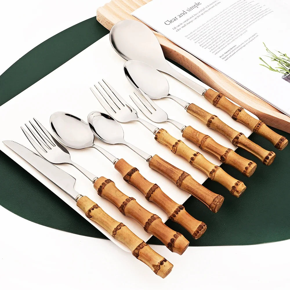 304 Stainless Steel Dinnerware Bamboo Silver 4/6/10Pcs Tea Fork Cutlery Set Western Fruit Cake Fork Tableware Home Flatware Set