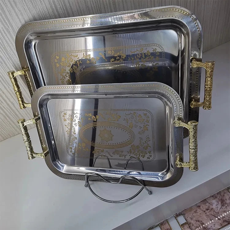 Customized Arabic Style Luxury Rectangular Metal Tray 3 Pieces Stainless Steel Serving Tray Set with Plastic Handles