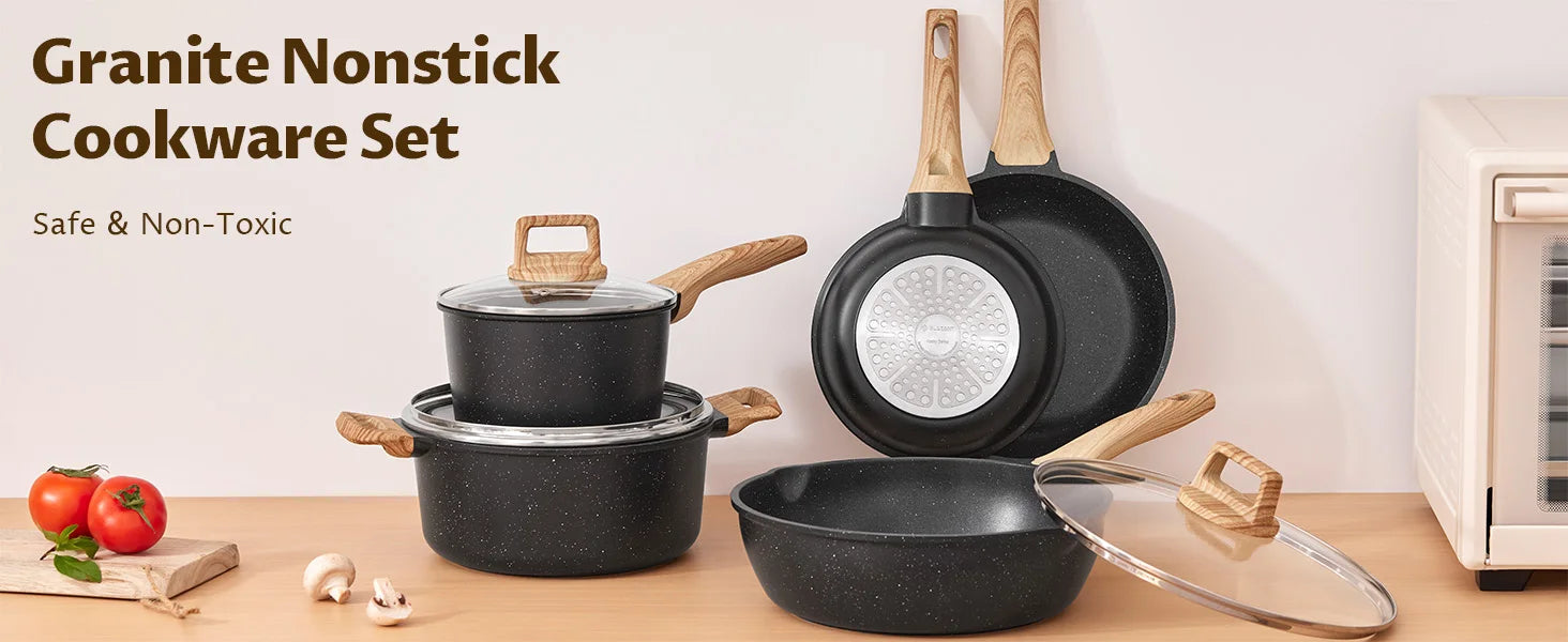 Induction Hob Pans Set 10pcs, Pots and Pans Set Non Stick, Kitchen Cookware Sets with Lids，Granite，PFAS-Free