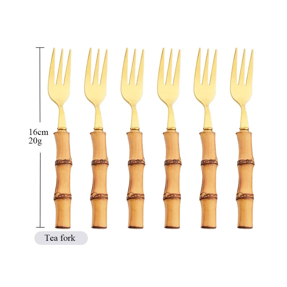 304 Stainless Steel Dinnerware Bamboo Silver 4/6/10Pcs Tea Fork Cutlery Set Western Fruit Cake Fork Tableware Home Flatware Set
