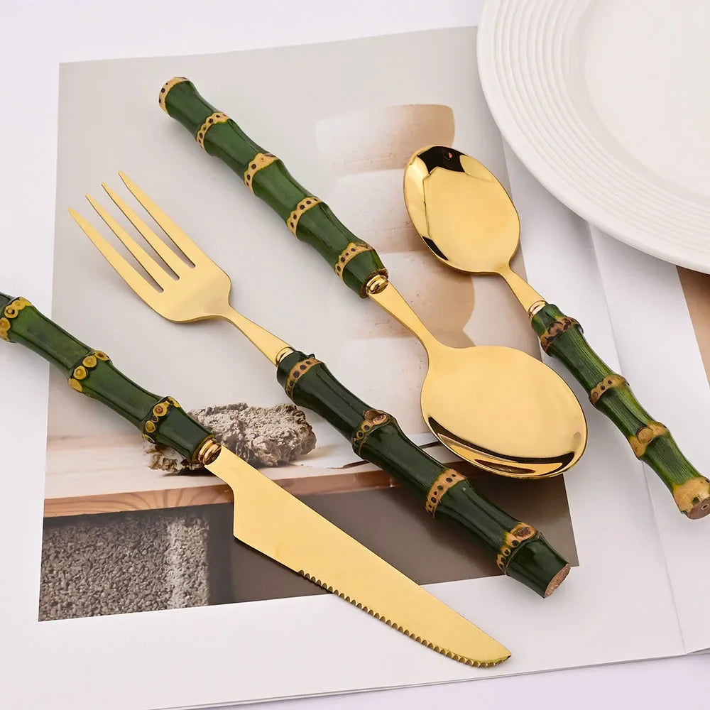 5Pcs Natural Green Bamboo Handle Cutlery Set 304 Stainless Steel Tableware Set Knife Fork Spoon Dinnerware Kitchen Flatware