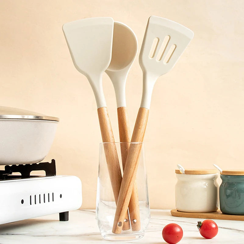 ♥Silicone Kitchen Utensil Set with Wooden Handles - Heat Resistant Spatula and Ladle for Nonstick Cookware