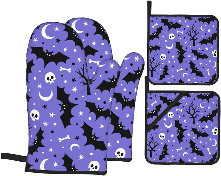Oven Mitts and Pot Holders Sets 4 Piece Halloween Bat Skull Moon Star Oven Gloves Heat Resistant Non-Slip for Kitchen Cooking