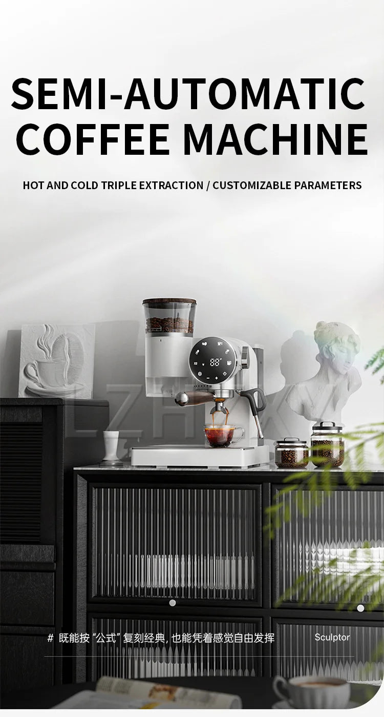 2-in-1 Coffee Machine, 220V Espresso Machine, Adjustable Grind Settings, with Grinder and Milk Frother, Espresso Machine