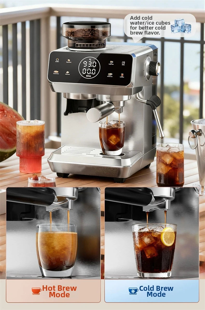 Home Espresso Machine with Grinder, 20Bar Pressure, Dual Temperature Control for Hot/Cold Brew, Compact Semi-Automatic Coffee Ma