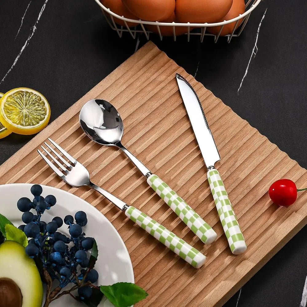 3-Piece Cutlery Set, Stainless Steel Flatware Sets with Checkerboard Pattern Ceramic Handle Utensils Including Knife Fork Spoon