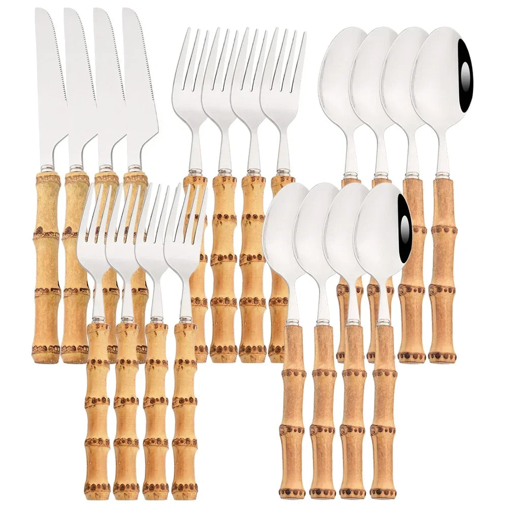 20Pcs Silver Bamboo Handle Cutlery Set 304 Stainless Steel Dinnerware Set Knife Dessert Fork Spoon Tableware Kitchen Flatware
