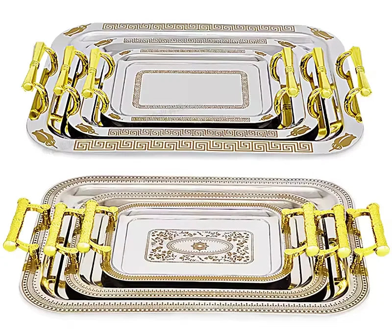 Customized Arabic Style Luxury Rectangular Metal Tray 3 Pieces Stainless Steel Serving Tray Set with Plastic Handles