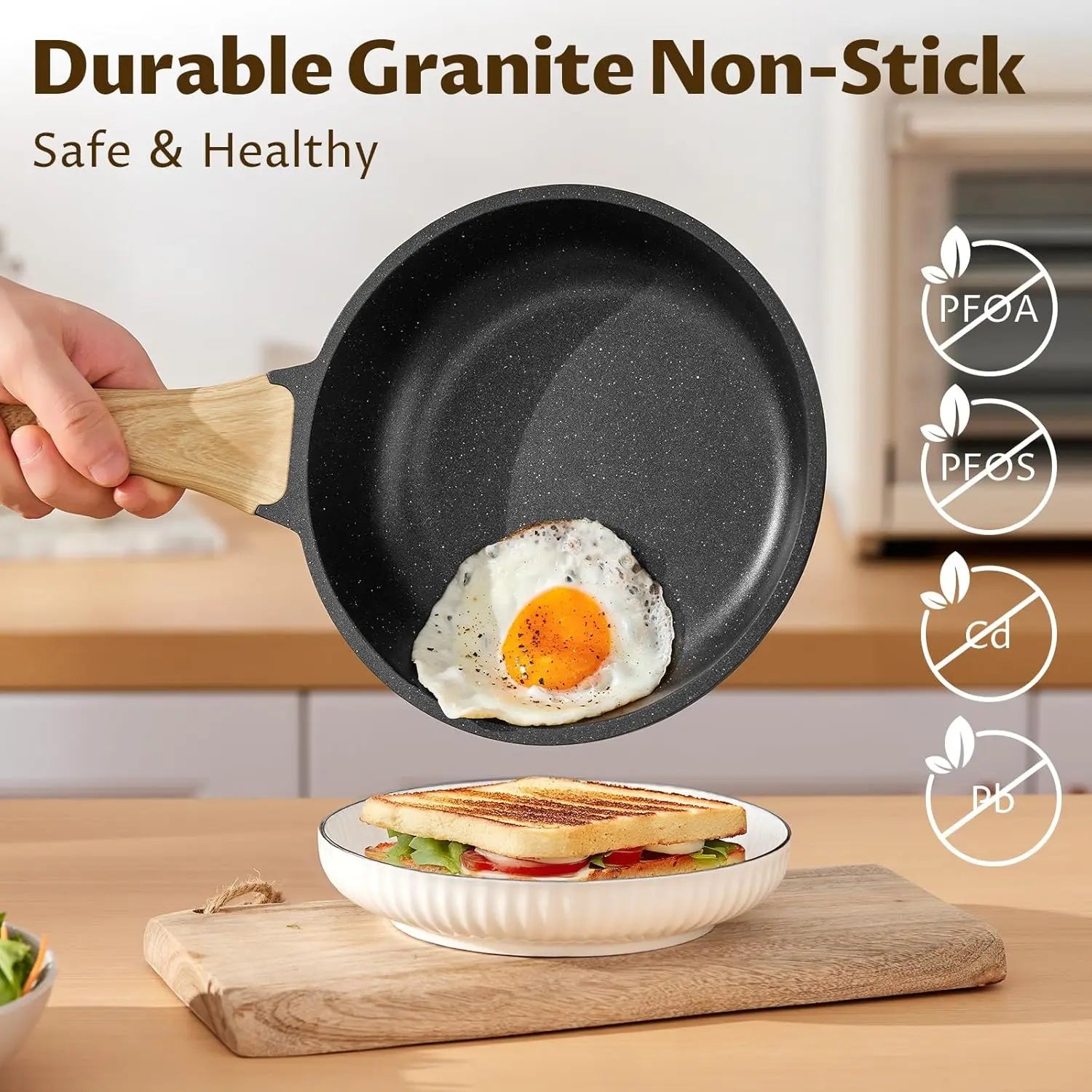 Induction Hob Pans Set 10pcs, Pots and Pans Set Non Stick, Kitchen Cookware Sets with Lids，Granite，PFAS-Free