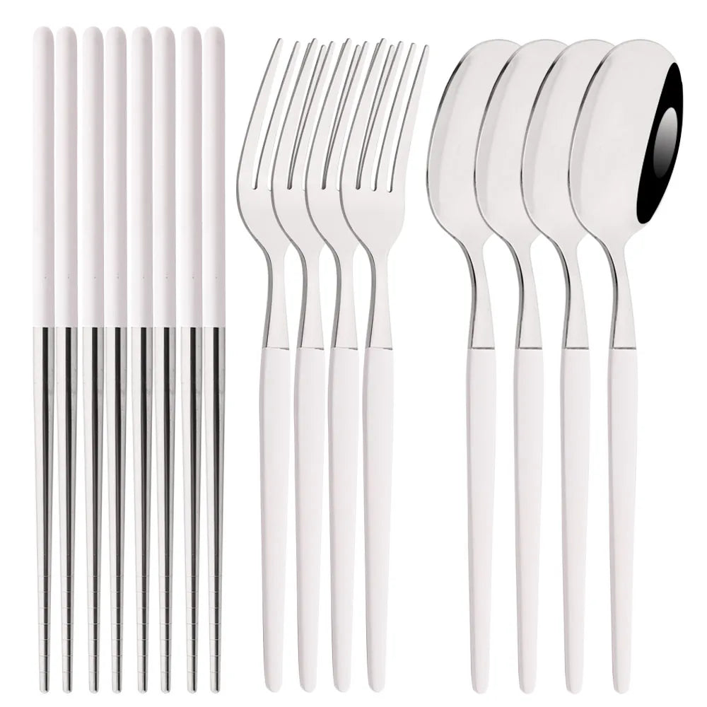 Golden Korean Tableware Set 12Pcs Luxury Mirror Flatware Cutlery Set Stainless Steel Dinnerware Fork Spoon Chopsticks Set