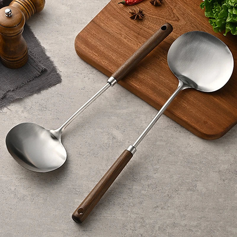 Stainless Steel Wok Spatula Chef-specific Cooking Spoon Wooden Long Handle Mushroom Shovel Kitchen Cooking Utensils