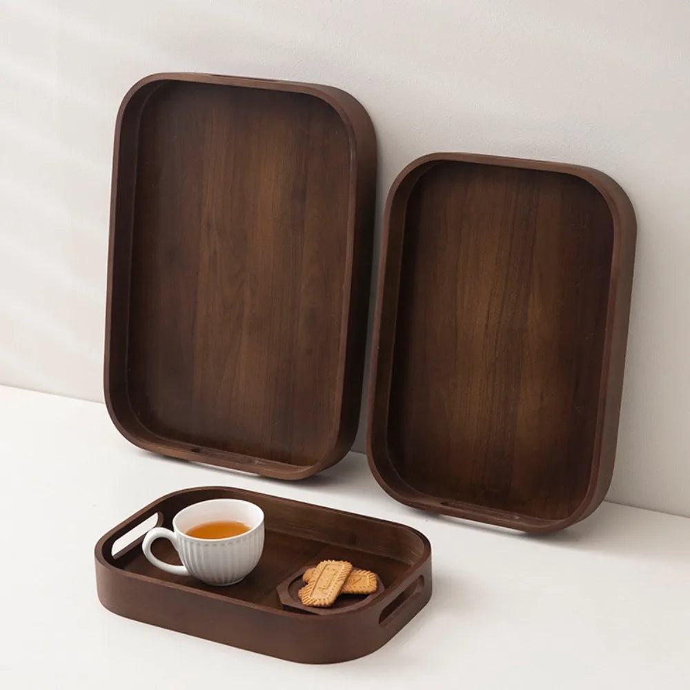 Simple Rectangular Walnut Tea Tray Hollowed-out Handle Polished Breakfast Serving Tray Vintage Tea Serving Plate Coffee Shop
