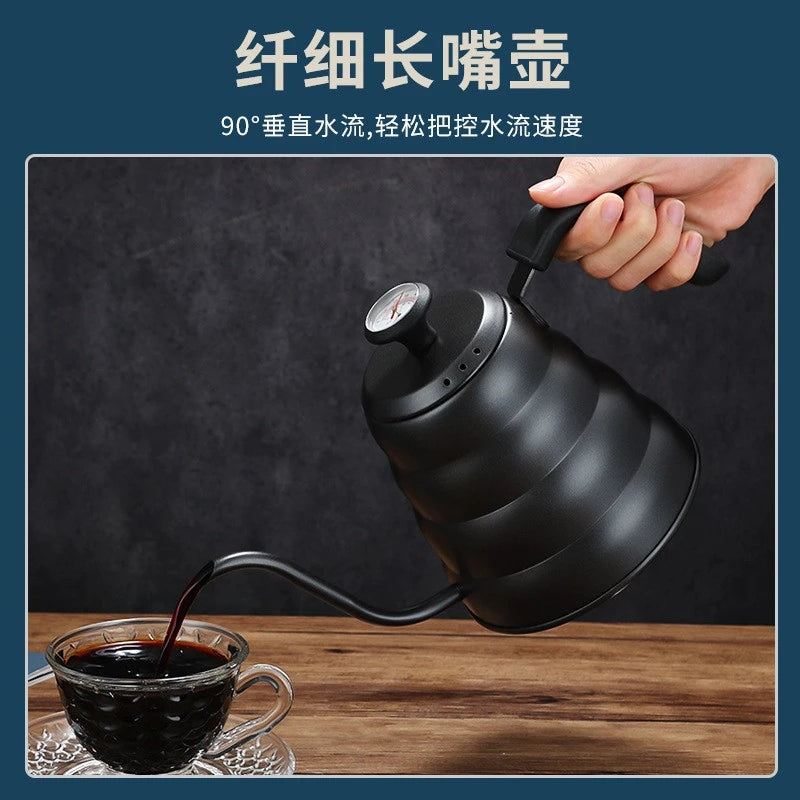 Black Goose Beak Kettle 1.0L Stainless Steel Coffee Pot with Gooseneck Thin Mouth Thermometer for Espresso Coffee Making