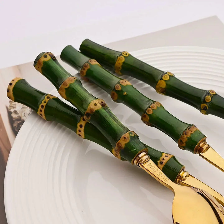 5Pcs Natural Green Bamboo Handle Cutlery Set 304 Stainless Steel Tableware Set Knife Fork Spoon Dinnerware Kitchen Flatware