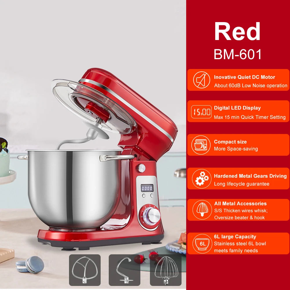 BioloMix 1200W Kitchen Stand Mixer with 6L Capacity Quiet DC Motor 6-Speed Functions for Blending Whisking And Kneading