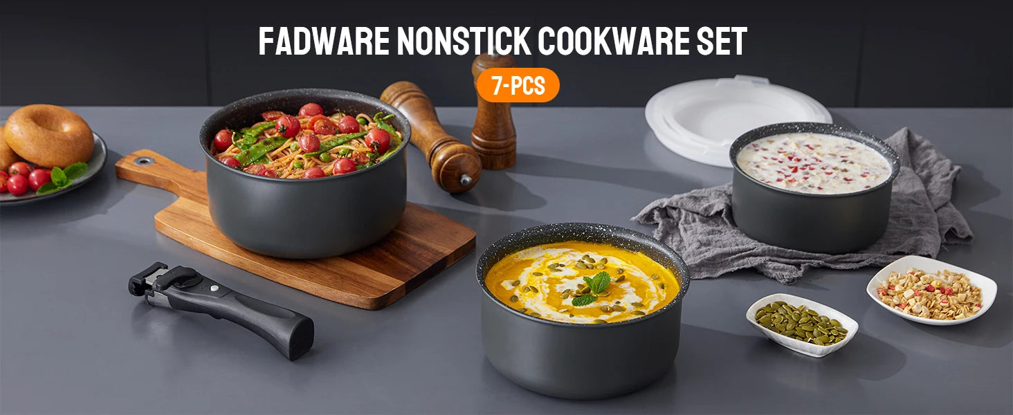 Non Stick Saucepan Set with Removable Handle and Sealing Lids, Non Stick Pot Set for Induction Hobs