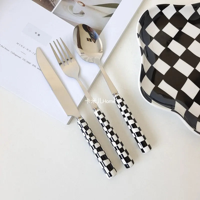 3-Piece Cutlery Set, Stainless Steel Flatware Sets with Checkerboard Pattern Ceramic Handle Utensils Including Knife Fork Spoon
