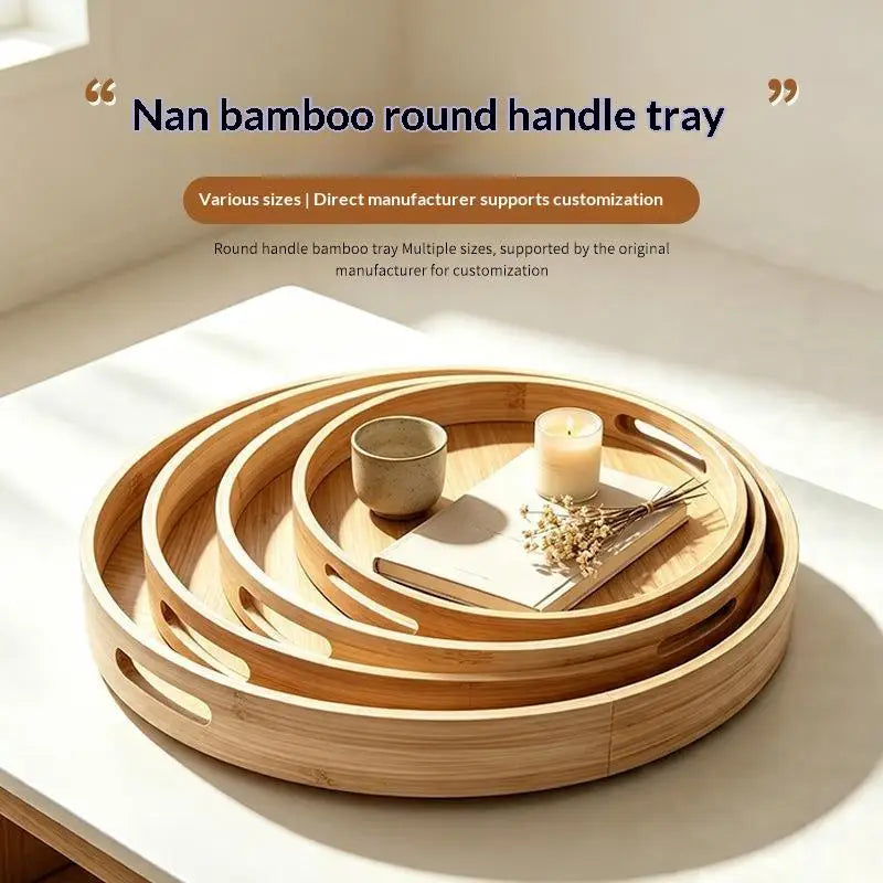 Round Bamboo Tray Wooden With Handle Tea Food Tray 25/30/35/40CM Serving Tray Breakfast Dinner